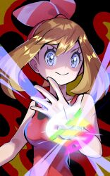 1girl bare_shoulders black_background blue_eyes bow bow_hairband bracelet brown_hair closed_mouth eyelashes fire hair_bow hairband highres inana_umi jewelry looking_at_viewer may_(pokemon) mega_evolution_symbol nintendo pokemon pokemon_oras red_bow red_hairband red_shirt shirt short_hair sleeveless sleeveless_shirt smile solo upper_body