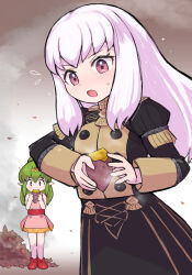 2girls black_dress black_outline commentary_request dress eating fire_emblem fire_emblem:_mystery_of_the_emblem fire_emblem:_three_houses flying_sweatdrops food garreg_mach_monastery_uniform green_hair highres holding holding_food in-franchise_crossover kutabireta_neko long_hair lysithea_von_ordelia multiple_girls nintendo open_mouth outline red_eyes standing sweat sweet_potato tiki_(fire_emblem) tiki_(young)_(fire_emblem) white_hair wide-eyed