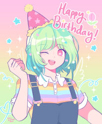1girl ;d blue_overalls blue_shirt blush bob_cut bright_pupils buttons collared_shirt commentary drawn_wings english_commentary flower from_below gold_buttons gradient_background green_background green_hair hand_up happy_birthday hat heart heart_button highres ichika_maia indie_virtual_youtuber looking_at_viewer one_eye_closed open_mouth orange_background orange_shirt overalls party_hat pink_background pink_eyes pink_flower pink_hat pink_shirt pink_tulip purple_shirt refrainbow shirt short_hair short_sleeves simple_background smile solo sparkle star-shaped_pupils star_(symbol) star_print striped_clothes striped_shirt symbol-shaped_pupils teeth tulip upper_body upper_teeth_only virtual_youtuber white_pupils yellow_shirt