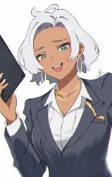 1girl black_suit breasts collared_shirt commentary_request earrings eyelashes formal_clothes green_eyes grey_hair gundam gundam_suisei_no_majo highres holding holding_notepad hoop_earrings jewelry large_breasts multiple_necklaces nail_polish notepad open_mouth secelia_dote shirt short_hair simple_background smile sohtatsu_b solo suit tongue tongue_out upper_body white_background white_nails white_shirt
