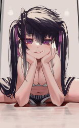 1girl absurdres ahoge arm_rest asymmetrical_bangs black_nails black_shorts bra breasts cleavage commentary_request dolphin_shorts dot_nose grin hair_ribbon hair_spread_out hands_on_own_face highres hunched_over large_breasts looking_at_viewer mole mole_on_breast nail_polish navel original out_of_frame paid_reward_available priite_hari_(torriet) purple_eyes purple_hair purple_ribbon reflection ribbon shorts smile smug solo split stomach torriet twintails underwear white_bra