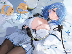 1girl animal azur_lane bed_sheet belt bird black_belt black_gloves black_leash black_pantyhose blue_hair blush breasts brown_pantyhose chain chapayev_(azur_lane) chick cleavage cleavage_cutout closed_mouth clothing_cutout copyright_name copyright_notice flower fur_trim gloves hair_ornament hair_over_one_eye hairclip half-closed_eyes hat highres holding holding_leash jacket large_breasts leash logo long_sleeves looking_at_viewer lying manjuu_(azur_lane) medium_hair military_hat miniskirt mole mole_on_breast momokan_(kandume200) non-web_source official_art on_back on_bed pantyhose peaked_cap petals pillow pleated_skirt pov purple_eyes skirt swept_bangs thighs unworn_hat unworn_headwear viewer_on_leash white_hat white_jacket white_skirt