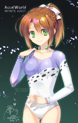 10s 1girl accel_world athletic_leotard bad_id bad_pixiv_id brown_hair female_focus green_eyes leotard ponytail short_hair solo standing trianon tsukiori_risa