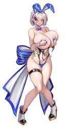 1girl animal_ears artist_request bow breasts character_request fake_animal_ears heart_pasties highres huge_breasts last_origin navel open_mouth pasties purple_bow purple_eyes rabbit_ears short_hair white_background