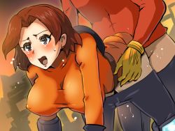1girl belt bent_over black_legwear blouse blush boris_(noborhys) brown_eyes brown_hair clothed_sex clothes_pull dark_skin gloves hair_intakes mii_(nintendo) mii_brawler mii_gunner nintendo open_mouth orange_background pants pants_pull parted_bangs red_shirt sex shirt super_smash_bros. vaginal