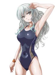 Rule 34 | 1girl, absurdres, armpits, black one-piece swimsuit, competition swimsuit, covered navel, fue (fuef), grey eyes, grey hair, highleg, highleg one-piece swimsuit, highres, himuro utsuro, indie virtual youtuber, long hair, one-piece swimsuit, presenting armpit, simple background, solo, swimsuit, two-tone swimsuit, virtual youtuber, wavy hair, white background, wristband