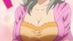 1girl animated animated_gif anime_screenshot binbougami_ga! blue_eyes bouncing_breasts breasts cleavage grey_hair large_breasts sakura_ichiko solo