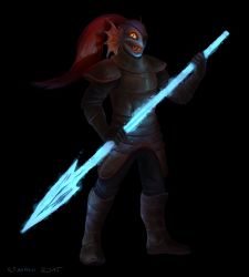 1girl 2015 armor black_background blue_skin colored_skin energy_spear eyepatch fish highres holding holding_spear holding_weapon looking_at_viewer polearm red_lips sharp_teeth signature simple_background slit_pupils solo spear teeth undertale undyne warrior weapon wonszu yellow_eyes