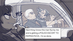 1girl 2boys \m/ bottle car driftingnova driving grimsley_(pokemon) highres holding holding_bottle looking_at_another marnie_(pokemon) motor_vehicle multicolored_hair multiple_boys nanu_(pokemon) nintendo pokemon pokemon_sm pokemon_swsh police_car smile spitting steering_wheel thick_eyebrows two-tone_hair