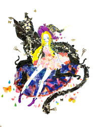 1girl abstract animal ankle_boots arm_support bare_legs black_capelet black_cat blonde_hair boots bug butterfly capelet cat cathinthecloud closed_eyes closed_mouth commentary dress english_commentary frown hat highres insect light_blush long_hair masking_tape_(medium) mixed_media original pink_dress purple_boots purple_hat short_dress signature sitting solo star_(symbol) traditional_media unconventional_media water_drop white_background witch witch_hat