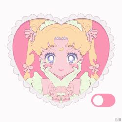 2girls animated animated_gif bishoujo_senshi_sailor_moon black_hair black_lady_(sailor_moon) blonde_hair blue_eyes bow brown_lips chibi_usa commentary crescent crescent_facial_mark double_bun facial_mark forehead_mark hair_bow hair_bun head_rest heart looping_animation multiple_girls pink_hair princess_serenity red_eyes symbol-only_commentary tiara tsukino_usagi twintails vivinos watermark white_background