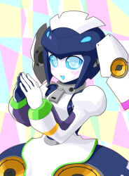 1girl android blue_eyes blue_sclera blush clothed_robot colored_sclera dia_(world_flipper) dress humanoid_robot looking_at_viewer mechanical_skirt metal_skin robot robot_girl solo speaker suikabo world_flipper