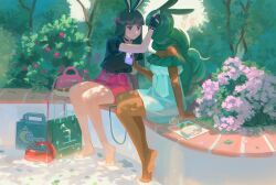Rule 34 | 2girls, adapted costume, animal ears, araiyme, bag, barefoot, black gloves, black hair, black shirt, blunt bangs, bush, closed mouth, commentary, dark-skinned female, dark skin, dress, druid rabbit, fingerless gloves, flower, full body, gloves, handbag, heavyblade rabbit, highres, long hair, looking at another, multiple girls, off-shoulder dress, off shoulder, outdoors, petals, pink flower, pink skirt, rabbit and steel, rabbit ears, rabbit girl, red eyes, red flower, shirt, sitting, skirt, smile, symbol-only commentary, white dress, yuri