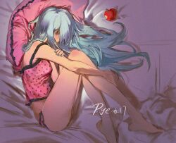 1girl apple aqua_hair aqua_nails bare_arms bare_legs bare_shoulders barefoot bed_sheet bitten_apple black_lace_trim camisole dated fetal_position food food_bite frilled_pillow frills fruit grabbing_own_leg hair_down hair_over_face hand_on_own_shoulder hatsune_miku highres lace-trimmed_camisole lace_trim lying messy_hair on_bed on_side pillow pink_background pink_camisole pink_pillow polka_dot_camisole pye_yyy romeo_to_cinderella_(vocaloid) signature solo vocaloid