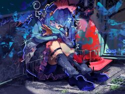 1girl absurdres blue_hair bow bow_hairband commentary graffiti hairband highres jewelry long_hair mikake3x original pink_bow ring signature solo traffic_cone