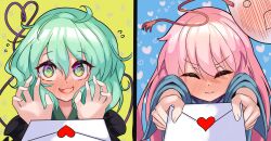2girls blue_shirt blush closed_eyes embarrassed envelope flustered frilled_shirt_collar frilled_sleeves frills fub_(fubimanji) green_eyes green_hair hata_no_kokoro heart heart_of_string highres holding holding_letter komeiji_koishi letter love_letter mask mask_on_head multiple_girls noh_mask pink_hair shirt touhou yuri