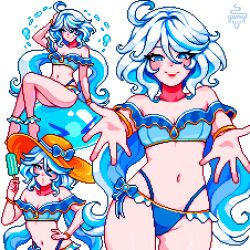 Rule 34 | 1girl, artist name, aseprite (medium), bare shoulders, barefoot, blue eyes, breasts, cleavage, collarbone, commentary, english commentary, furina (genshin impact), genshin impact, hair between eyes, hand on own hip, hat, highres, looking at viewer, multiple views, navel, pixel art, simple background, sitting, white background, white hair, yumykon