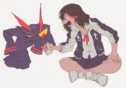 1girl black_hair fingernails indian_style jacket juice_box kill_la_kill living_clothes looking_at_another matoi_ryuuko multicolored_hair open_mouth pleated_skirt red_ribbon ribbon school_uniform senketsu shirt shoes short_hair simple_background sitting skirt streaked_hair white_background white_shirt white_shoes yuza