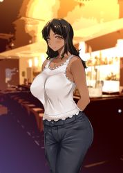 1girl armpits arms_behind_back bare_arms black_hair blurry blurry_background blush breasts closed_mouth cowboy_shot dark-skinned_female dark_skin erect_sawaru feet_out_of_frame female_focus groin highres indoors jewelry komugi_hada_oyakodon_~minami_no_shima_de_muchimuchi_oyako_to_yarimakuri_seikatsu!~ large_breasts legs light_blush light_smile long_hair looking_at_viewer necklace orange_eyes original parted_bangs sleeveless smile solo standing thighs