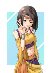 1girl absurdres bead_necklace beads black_eyes bracelet breasts brown_hair circlet commentary_request cowboy_shot dragon_quest dragon_quest_ix grin head_tilt highres jewelry looking_at_viewer medium_hair midriff minstrel_(dq9) mizushida multiple_necklaces navel necklace off_shoulder orange_sash purple_skirt sash silver_bracelet skirt small_breasts smile solo v wide_sleeves yellow_sash