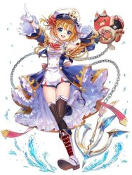 1girl anchor arm_up armpits baizu_(guszx) bare_shoulders blue_eyes blush boots bow breasts brown_hair chain detached_sleeves full_body gloves hand_on_headwear hat kamome_narumi leg_up looking_at_viewer open_mouth orange_hair outstretched_arm pointing ribbon sailor shironeko_project short_hair short_shorts shorts simple_background skirt smile solo splatter standing standing_on_one_leg thighhighs thighs white_background white_gloves