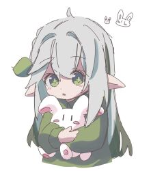 1girl animal cropped_torso cross-shaped_pupils genshin_impact green_eyes green_jacket grey_hair hair_between_eyes hair_ornament highres holding holding_animal holding_rabbit jacket karuthi leaf_hair_ornament long_hair long_sleeves looking_at_viewer nahida_(genshin_impact) parted_lips pointy_ears rabbit simple_background solo symbol-shaped_pupils white_background