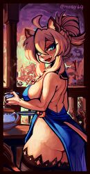 1girl :d ahoge animal_ears aroused artist_name ass back backless_dress backless_outfit bare_arms bare_back bare_shoulders black_border blonde_hair blue_dress blue_eyes blush border braid breasts brown_thighhighs cowboy_shot crown_braid cup dress fang forest from_behind hair_between_eyes high_ponytail highres holding holding_cup holding_plate lace lace-trimmed_legwear lace_trim large_breasts lion_ears lion_tail looking_at_viewer looking_back mogy64 nature no_bra no_panties open_mouth original outdoors plate ponytail side_slit sideboob sidelocks slit_pupils smile solo standing sunset table tail thighhighs thighs tsurime