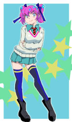 1girl aged_down alternate_costume amate_yuzuriha amate_yuzuriha_(cosplay) black_necktie blue_background blue_eyes blue_thighhighs blush boots border breasts char&#039;s_deleted_affair commentary_request cosplay full_body gundam gundam_gquuuuuux haman_karn large_breasts long_hair looking_at_viewer miniskirt necktie onnaski pink_hair red_necktie skirt solo standing star_(symbol) star_symbol_background striped_necktie thighhighs twintails two-tone_necktie white_border zeta_gundam