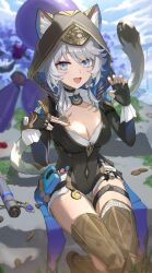 1girl absurdres animal_ear_fluff animal_ears belt black_belt black_gloves black_leotard blue_eyes bow breasts cat_ears cat_girl cat_tail cipher_(honkai:_star_rail) cleavage coin collarbone elmo_(st_elmomomo) fingerless_gloves fingernails gloves hair_bow highres holding holding_coin honkai:_star_rail honkai_(series) hood hood_up hooded_leotard large_breasts leotard long_sleeves looking_at_viewer mole mole_on_collarbone nail_polish open_mouth paw_pose sharp_fingernails sitting solo tail thigh_belt thigh_strap white_bow white_hair yellow_nails