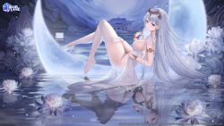 1girl ahoge azur_lane black_thighhighs blue_eyes bracelet breasts circlet cleavage commentary_request crescent_moon different_reflection douya_(yaomiaomiao) emden_(azur_lane) emden_(moonsilver_union)_(azur_lane) flower from_side hand_up high_heels highres jewelry knees_up large_breasts long_hair looking_at_viewer looking_to_the_side moon official_alternate_costume panties reflection ripples sideboob skindentation solo string_panties thighhighs thighs underwear very_long_hair water water_lily_flower white_hair white_thighhighs