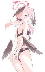 1girl absurdres arms_behind_back bikini black_bikini black_bow black_wings blue_archive bow commentary cowboy_shot feathered_wings from_behind hair_bow hair_intakes halo head_wings highres koharu_(blue_archive) koharu_(swimsuit)_(blue_archive) loli long_hair looking_at_viewer looking_back low_twintails official_alternate_costume open_mouth pink_eyes pink_hair red_halo sidelocks simple_background solo swimsuit symbol-only_commentary twintails white_background wings yagen_(user_mxur3238)