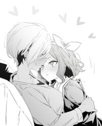 2girls animal_ears blush bow_hairband commentary ebizuka_tomo girls_band_cry greyscale hairband hand_on_another&#039;s_back hashtag-only_commentary heart long_sleeves lwmina70119 monochrome multiple_girls parted_lips rupa_(girls_band_cry) short_hair smile sweatdrop yuri