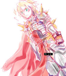 Rule 34 | 1boy, armor, bar censor, black pants, blonde hair, blonde pubic hair, blush, breastplate, cape, censored, chainmail, closed mouth, commentary request, cowboy shot, crotchless, crotchless pants, dutch angle, flaccid, green eyes, looking afar, male focus, male pubic hair, mvp, pants, penis, penis out, pubic hair, ragnarok online, red cape, red tabard, rune knight (ragnarok online), short hair, simple background, solo, spiked gauntlets, spiked pauldrons, tabard, testicles, white background, yukimushi