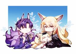 Rule 34 | 1boy, 2girls, animal ears, arknights, blonde hair, blue hairband, closed eyes, closed mouth, cup, deformed, earrings, extra ears, family, father and daughter, fox ears, fox girl, fox tail, hairband, highres, husband and wife, japanese clothes, jewelry, kitsune, kyuubi, mother and daughter, multiple girls, multiple tails, open mouth, orange eyes, purple hair, qianqiu kong xiang, smile, suzuran&#039;s father (arknights), suzuran (arknights), tail, vulpisfoglia (arknights)