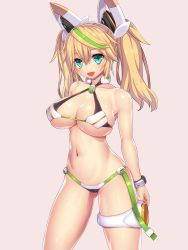1girl :d aqua_eyes asamura_hiori bare_shoulders bikini blonde_hair blush bracelet breasts cleavage collarbone contrapposto fang female_focus gene_(pso2) gluteal_fold hair_between_eyes highres jewelry large_breasts long_hair looking_at_viewer md5_mismatch multicolored_hair navel open_mouth phantasy_star phantasy_star_online_2 pink_background resolution_mismatch shiny_skin simple_background skindentation smile solo source_smaller standing streaked_hair swimsuit twintails underboob