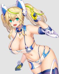 1girl :d aqua_eyes armpits asamura_hiori bare_shoulders bikini blonde_hair blue_bikini blue_gloves breasts cleavage collarbone commentary_request cowboy_shot detached_collar elbow_sleeve gene_(pso2) gloves green_hair grey_background groin hair_between_eyes headgear highres large_breasts light_blush long_hair looking_at_viewer multicolored_hair navel open_mouth phantasy_star phantasy_star_online_2 purple_thighhighs see-through_clothes see-through_skirt sidelocks simple_background skindentation skirt smile solo standing stomach strapless streaked_hair swimsuit thighhighs tube_top twintails two-tone_gloves two-tone_hair v yellow_gloves