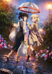 2girls artist_request bag black_hair black_skirt black_socks blonde_hair brown_coat brown_shoes check_artist coat copyright_notice flower folded_ponytail food grey_shorts hair_ribbon highres hydrangea inoue_takina lamppost looking_at_viewer looking_back lycoris_recoil multiple_girls nishikigi_chisato official_art outdoors plastic_bag purple_eyes red_eyes red_shirt reflective_floor ribbon satou_asuka shared_umbrella shirt shoes shopping_bag short_hair_with_long_locks shorts shoulder_bag sidelocks skirt socks umbrella white_shirt