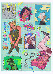 3girls 4boys ? absurdres aqua_eyes bare_shoulders baseball black_eyes black_hair black_pants black_tank_top boots border braid bug butterfly character_name closed_eyes cone_hair_bun copyright_name cuffs dark-skinned_male dark_skin double_bun drawn_heart drawn_star dreadlocks english_text engrish_text enrico_pucci ermes_costello facial_mark facial_tattoo film_grain fishnet_top fishnets foo_fighters_(jojo) green_hair green_lips green_nails grid_background hair_bun handcuffs hat highres horned_hat insect jewelry jojo_no_kimyou_na_bouken kuujou_jolyne kuujou_joutarou lipstick locket long_hair looking_at_viewer makeup medium_hair multicolored_hair multiple_boys multiple_girls narciso_anasui pants pendant pink_hair ranguage short_hair snail stone_ocean t_0nd tank_top tattoo two-tone_hair typo very_short_hair weather_report white_boots white_border