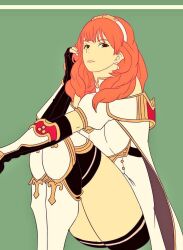 Rule 34 | 1girl, armor, armored boots, black gloves, black skirt, black thighhighs, boots, breastplate, cape, celica (fire emblem), choker, dress, earrings, fingerless gloves, fire emblem, fire emblem echoes: shadows of valentia, gloves, jewelry, long hair, looking at viewer, nintendo, orange hair, red eyes, red hair, sitting, skirt, solo, thick thighs, thighhighs, thighs, tiara, truejekart, white armor, white dress