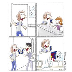 &gt;_&lt; 1girl 2boys absurdres artist_name bed blush_stickers can closed_eyes commentary ctrl+alt+del doctor drink_can energy_drink english_commentary ethan_(ctrl+alt+del) frown highres holding holding_paper hospital_bed loss_(meme) meme multiple_boys open_door open_mouth oversized_object paper parody raglan_sleeves rebecca_doodles red_bull smile style_parody