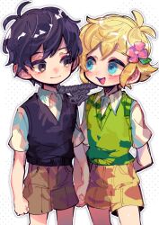 Rule 34 | 2boys, antenna hair, basil (faraway) (omori), basil (omori), black eyes, black hair, black sweater vest, blonde hair, blue eyes, blush, brown shorts, closed mouth, collared shirt, flower, green sweater vest, hair flower, hair ornament, holding hands, looking at another, male focus, multiple boys, omori, open mouth, repikinoko, shirt, short hair, short sleeves, shorts, smile, sunny (omori), sweater vest, teeth, upper teeth only, white shirt