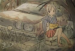 1girl absurdres attan_(irohiza) blue_kimono blush bow breasts brown_eyes brown_hair car grass hair_bow hakama highres irohiza japanese_clothes kimono long_hair long_sleeves looking_at_viewer motor_vehicle obi original ponytail red_bow red_hakama rock sash shoes sitting small_breasts socks tree white_shoes white_socks wide_sleeves