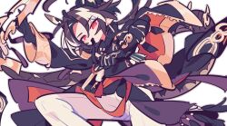 1boy arknights black_coat black_skirt brown_hair chongyue_(arknights) coat colored_extremities commentary dragon_boy dragon_horns feet_out_of_frame horns looking_at_viewer male_focus multicolored_hair one-hour_drawing_challenge pants pointy_ears red_eyes simple_background skirt solo streaked_hair white_background white_hair white_pants ym_dpl