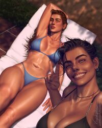 2girls arm_up bikini black_bikini black_hair blue_bikini body_freckles breasts brown_hair brown_nails bush chain chair cleavage collarbone commentary diamond_necklace ear_piercing earrings english_commentary freckles green_eyes head_rest highres hoop_earrings jewelry krystopher_decker large_breasts leaf lips long_hair looking_at_viewer lounge_chair lying medium_breasts mole mole_on_chest mole_on_leg multiple_girls navel nose on_back one_eye_closed original patreon_username piercing plant selfie shiny_skin signature smile standing stomach sun sunbathing swimsuit taut_bikini teeth thick_thighs thighs tight_clothes toned toned_female v watermark web_address yellow_eyes