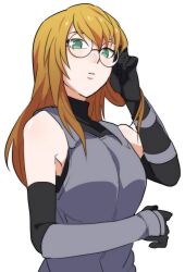 1girl bad_id bad_pixiv_id bare_shoulders bidarian black_gloves blonde_hair elbow_gloves glasses gloves green_eyes grey_vest konohagakure_anbu_uniform long_hair looking_at_viewer naruto_(series) naruto_shippuuden ninja round_eyewear simple_background solo upper_body vest white_background yakushi_nonou