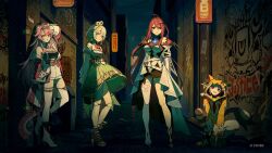4girls ahoge alley animal_ear_hood animal_ears arm_up ascot black_dress black_shirt black_skirt black_thighhighs blue_fire blue_hair boots braid breasts brown_hair cecilia_immergreen cecilia_immergreen_(1st_costume) center-flap_bangs chattino_(raora_panthera) collared_vest colored_inner_hair commentary_request copyright_notice corset cross-laced_clothes cross-laced_corset detached_collar detached_sleeves doll doll_joints double-parted_bangs dress elizabeth_rose_bloodflame elizabeth_rose_bloodflame_(1st_costume) fake_animal_ears fire fire_on_chest full_body gears gigi_murin gigi_murin_(1st_costume) goggles goggles_on_head gold_trim green_corset green_eyes green_hair green_skirt grey_hair hair_between_eyes hair_ornament hair_through_hood high-low_dress high-waist_shorts high_heel_boots high_heels highres holojustice hololive hololive_english hood hood_up hooded_shrug huge_ahoge jacket joints large_breasts long_hair long_sleeves miniskirt multicolored_hair multiple_girls night official_art open-toe_boots orange_shrug orange_thighhighs panther_ears panther_girl panther_tail pencil_skirt pink_eyes pink_hair poro_(apom6n) puffy_long_sleeves puffy_sleeves raora_panthera raora_panthera_(1st_costume) red_ascot red_eyes red_hair red_jacket shirt shoes short_hair short_twintails shorts shrug_(clothing) side_braid sidelocks single_braid single_off_shoulder single_thighhigh sitting skirt skirt_under_dress sneakers standing strapless_romper streaked_hair striped_clothes striped_thighhighs tail thigh_strap thighhighs twintails two-tone_hair very_long_hair vest virtual_youtuber white_boots white_dress white_hair white_jacket white_romper white_shorts white_sleeves white_thighhighs white_vest winding_key yellow_eyes
