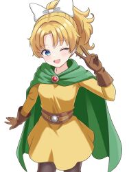 Rule 34 | 1girl, ;d, belt, black leggings, blonde hair, blue eyes, bow, brown belt, brown gloves, cape, commentary request, cowboy shot, dragon quest, dragon quest ii, dress, gloves, green cape, hair bow, highres, leggings, looking to the side, nullgame fe, one eye closed, open mouth, parted bangs, ponytail, princess of samantoria, smile, solo, v, white background, white bow, yellow dress