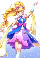 Rule 34 | 1girl, asahina mirai, blonde hair, cure miracle, cure miracle (sapphire style), cure miracle sapphire style, earrings, female focus, hat, heart, highres, jewelry, long hair, magical girl, mahou girls precure!, mini hat, mini witch hat, navel, precure, purple eyes, sapphire style, solo, wide ponytail, witch hat, yukiya (shiya)