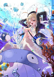 1girl absurdres ahoge bikini bird black_hat black_jacket blonde_hair blue_eyes blush fang hat highres jacket long_hair mesugaki ocean one_eye_closed open_mouth original penguin rossy_(yowayowachimpo) sexually_suggestive skin_fang solo_focus swimsuit white_bikini