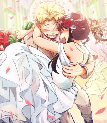 2girls 3boys anah_41 anya_(spy_x_family) artist_name black_hair blonde_hair blush bouquet bridal_veil brother_and_sister carrying child closed_eyes commentary couple dress english_commentary facial_hair fake_horns falling_petals father_and_daughter flower franky_franklin glasses happy hetero highres holding holding_bouquet horns hug husband_and_wife mother_and_daughter multiple_boys multiple_girls open_mouth petals pink_hair princess_carry short_hair short_hair_with_long_locks siblings sidelocks smile spy_x_family teeth twilight_(spy_x_family) twitter_username veil wedding wedding_dress white_dress yor_briar yuri_briar